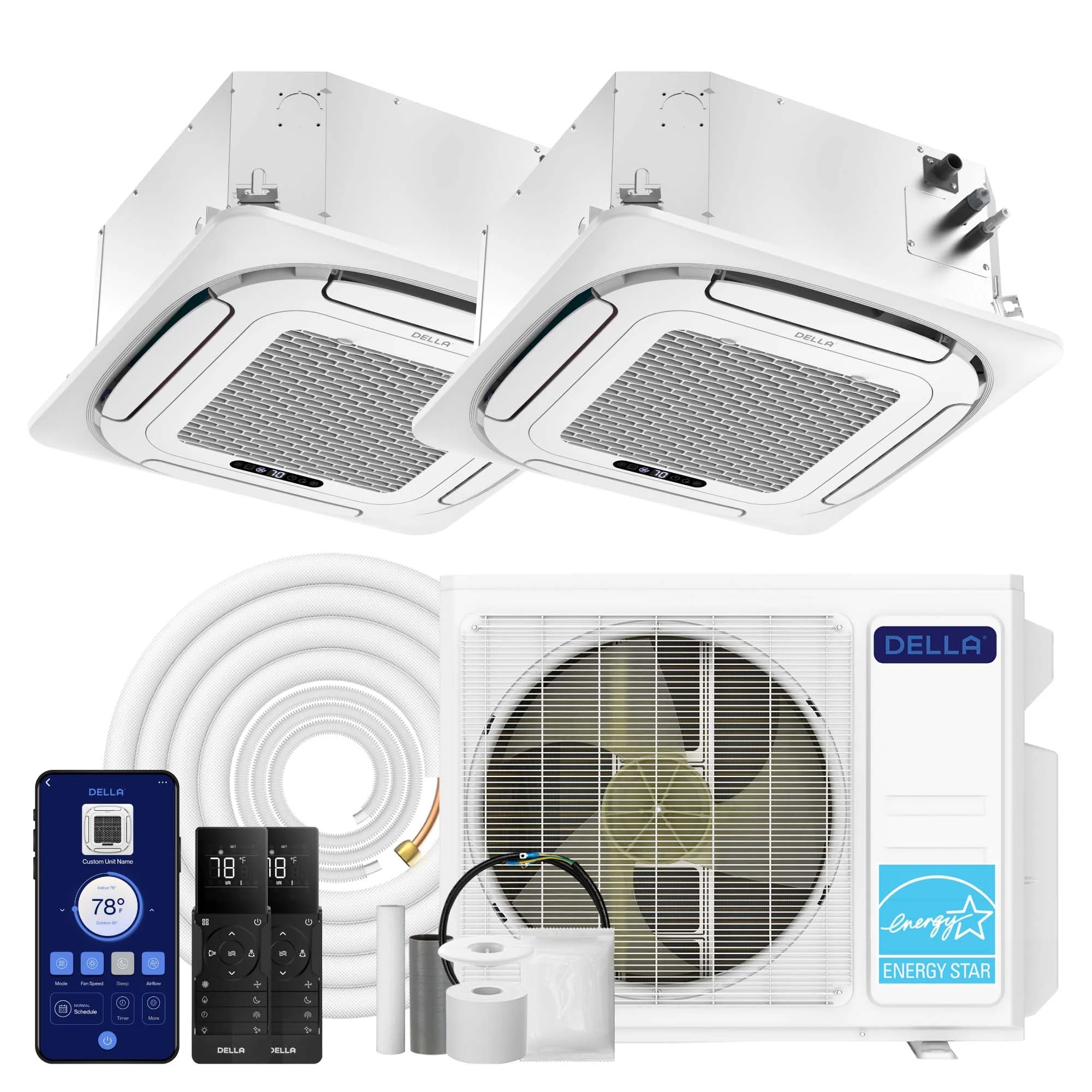DELLA 18000 BTU Dual Zone Ceiling Cassette Mini Split AC (9K + 9K) - Up to 800 Sq.Ft.