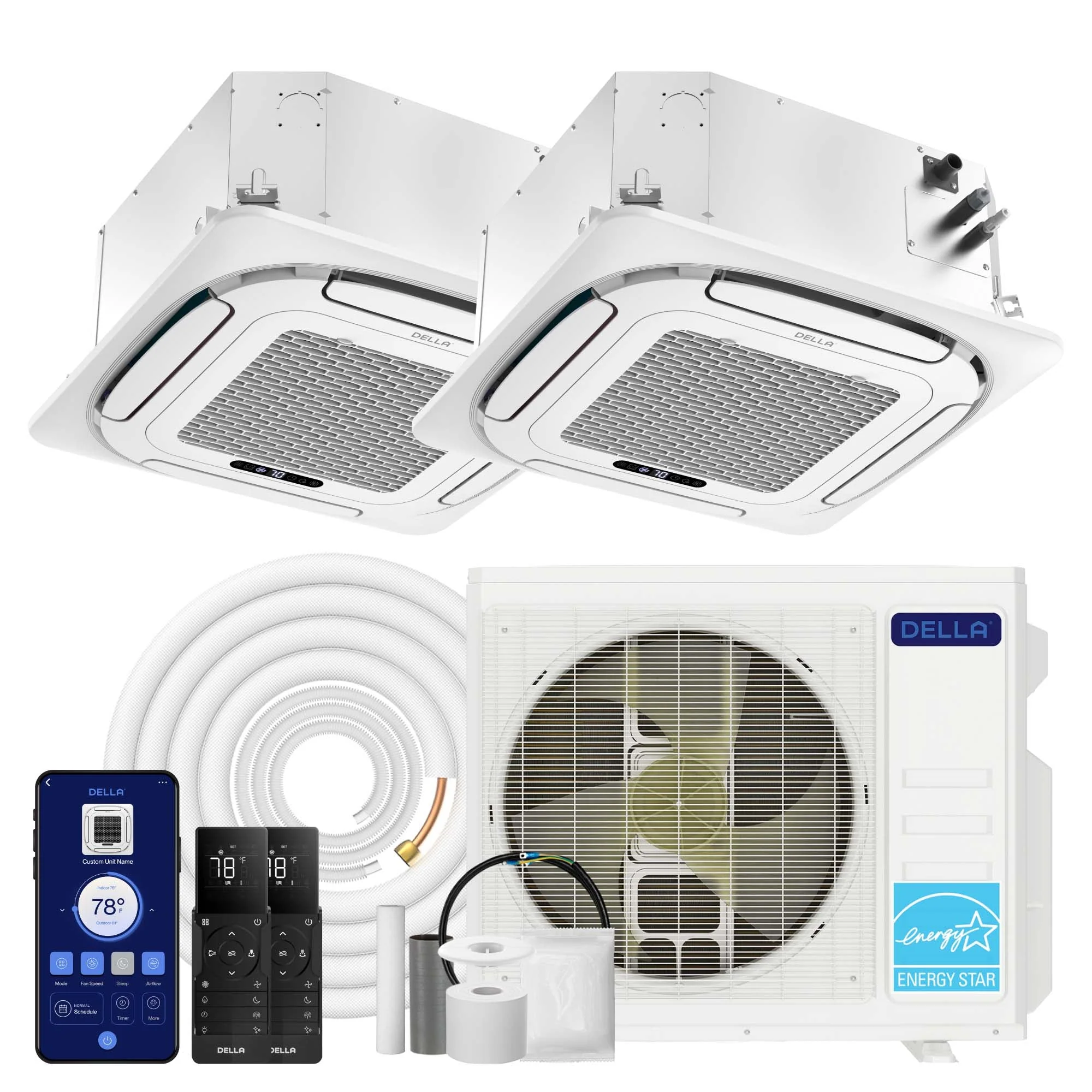 DELLA 27000 BTU Dual Zone Ceiling Cassette Mini Split AC (18K + 18K) - Up to 2000 Sq.Ft.