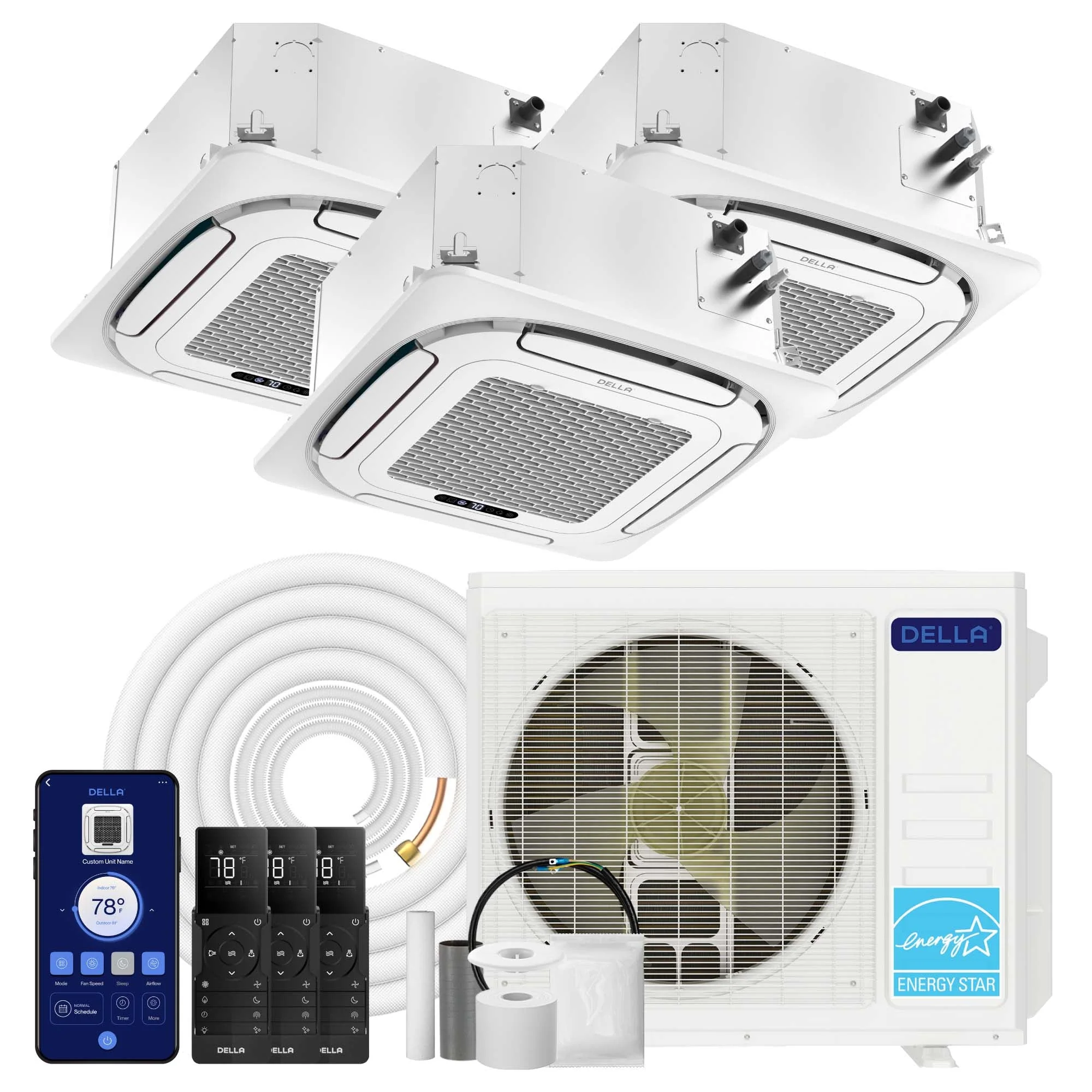 DELLA 27000 BTU Tri-Zone Ceiling Cassette Mini Split AC (9K+12K+12K) - Up to 1500 Sq.Ft.