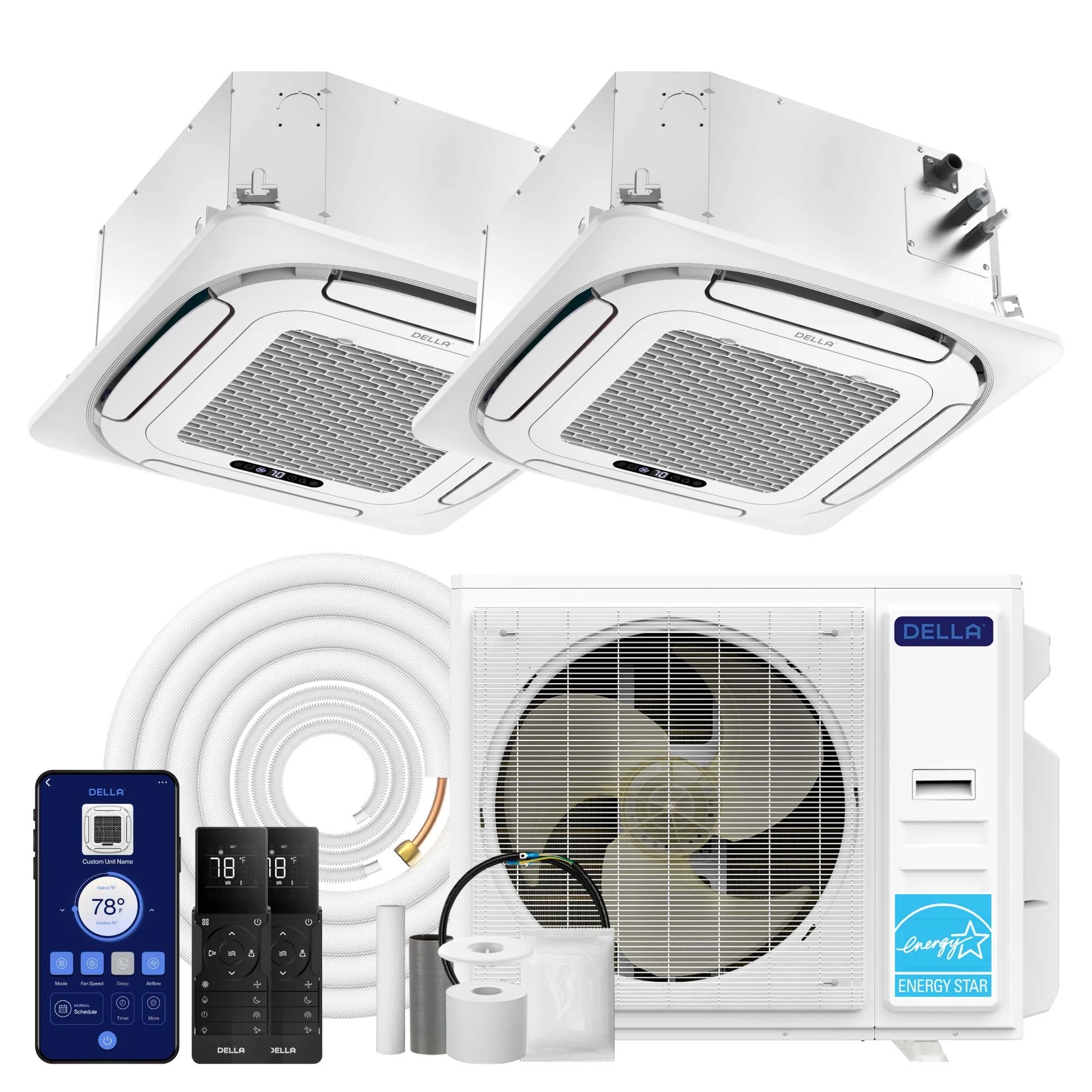 DELLA 35000 BTU Dual Zone Ceiling Cassette Mini Split AC (18K+18K) - Up to 2000 Sq.Ft.