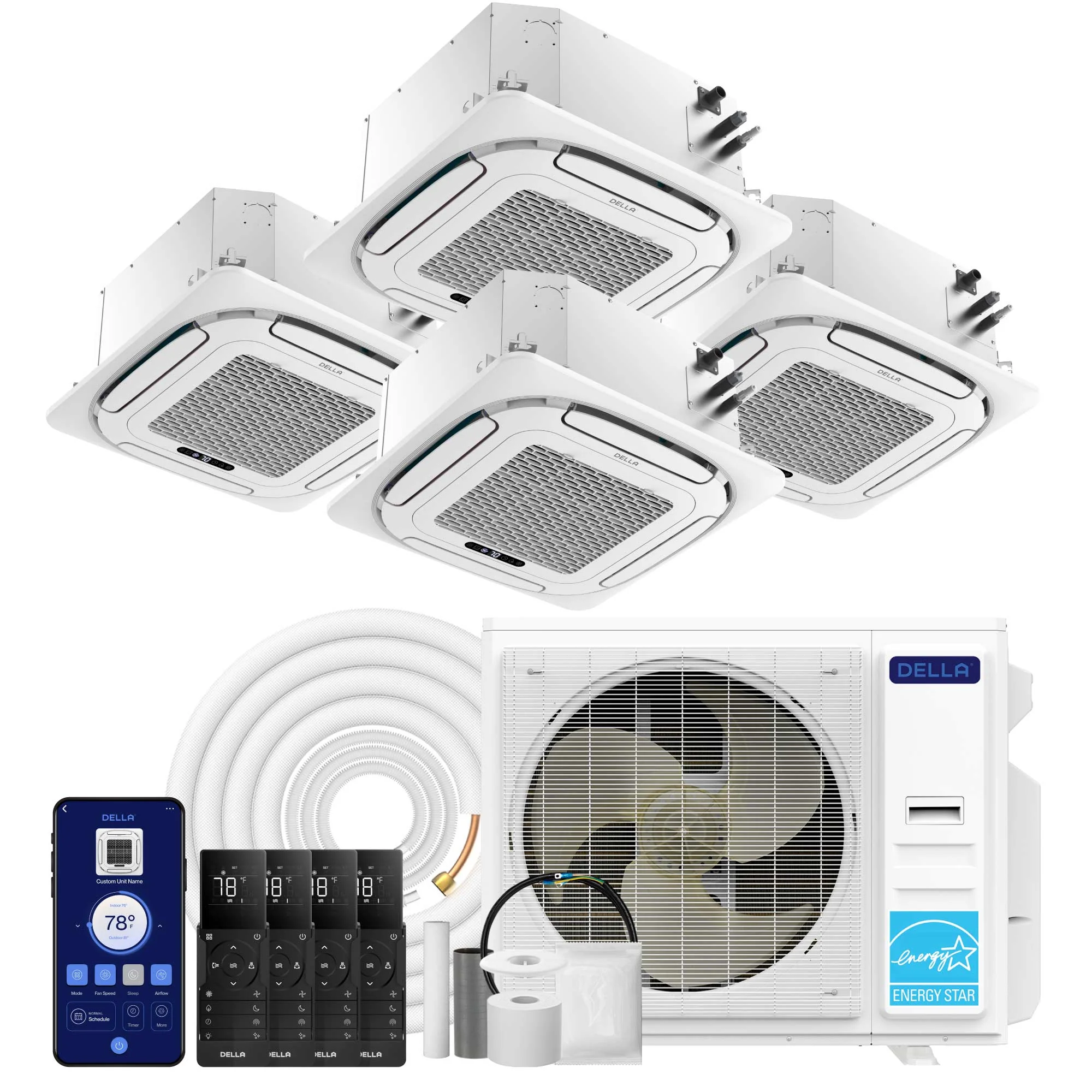 DELLA 35000 BTU Quad Zone Ceiling Cassette Mini Split AC (9K+9K+9K+9K) - Up to 1600 Sq.Ft.