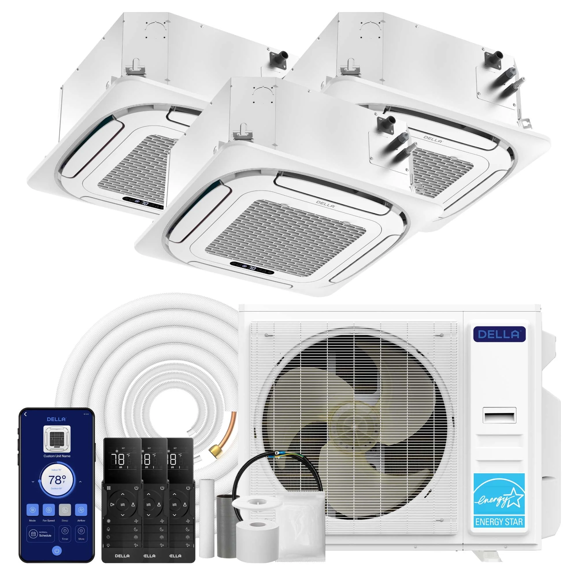 DELLA 35000 BTU Tri-Zone Ceiling Cassette Mini Split AC (9K+9K+12K) - Up to 1350 Sq.Ft.
