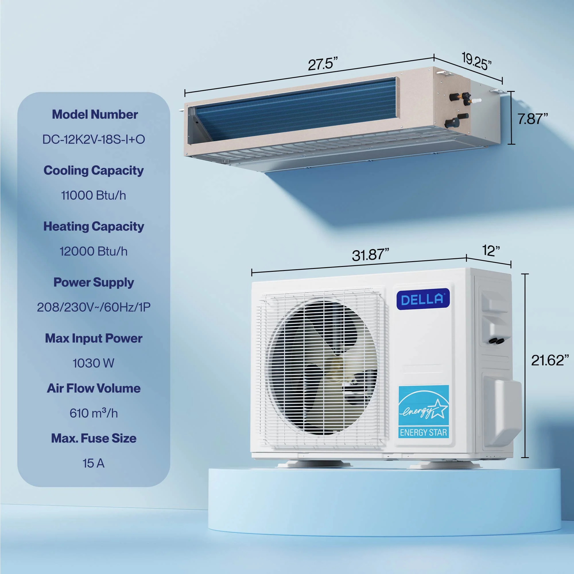 DELLA 11000 BTU 19 SEER2 Concealed Ducted Mini Split Air Conditioner - Image 9