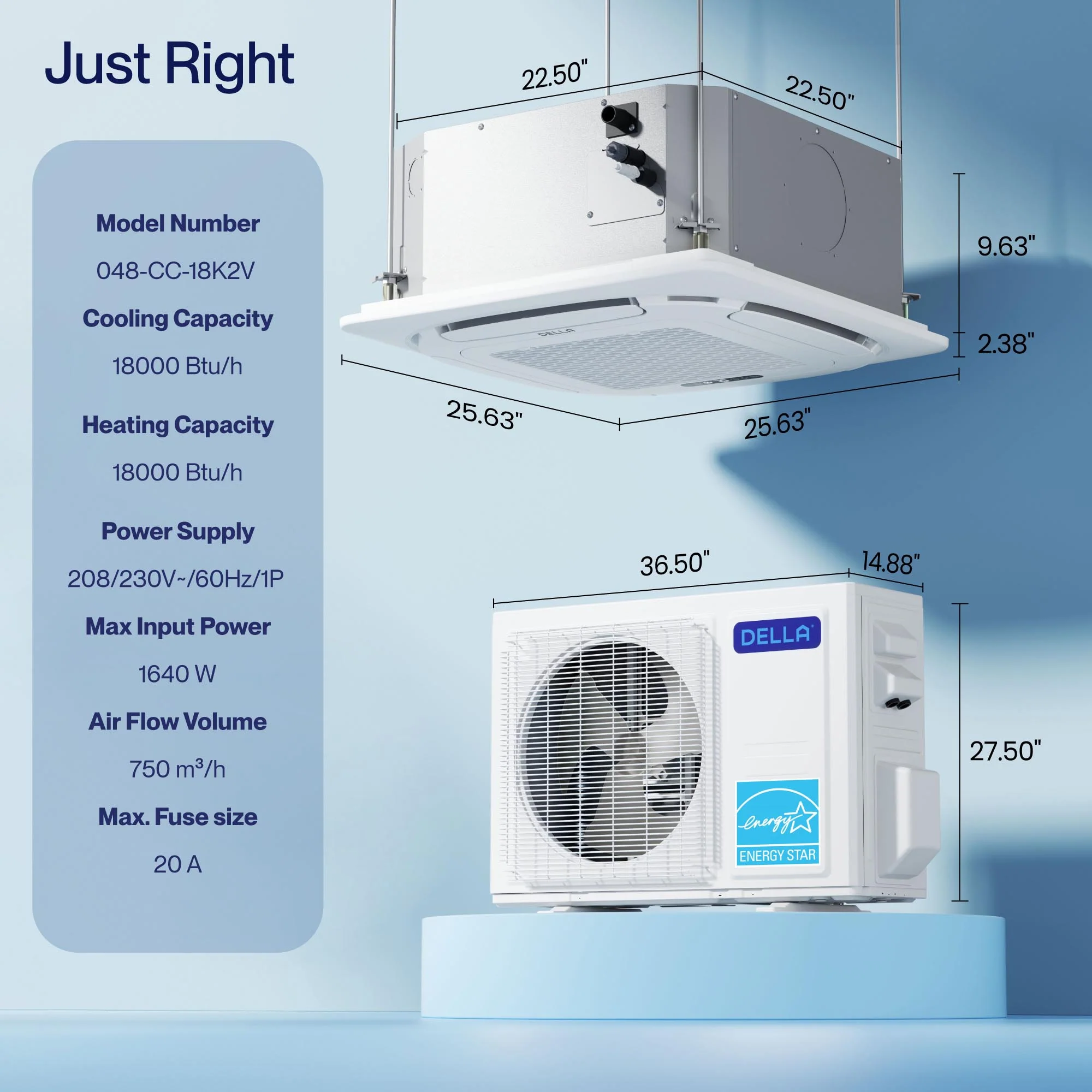 DELLA 18,000 BTU 20.5 SEER2 Ceiling Cassette Ductless Mini Split AC - Up to 1000 Sq.Ft. - Image 8