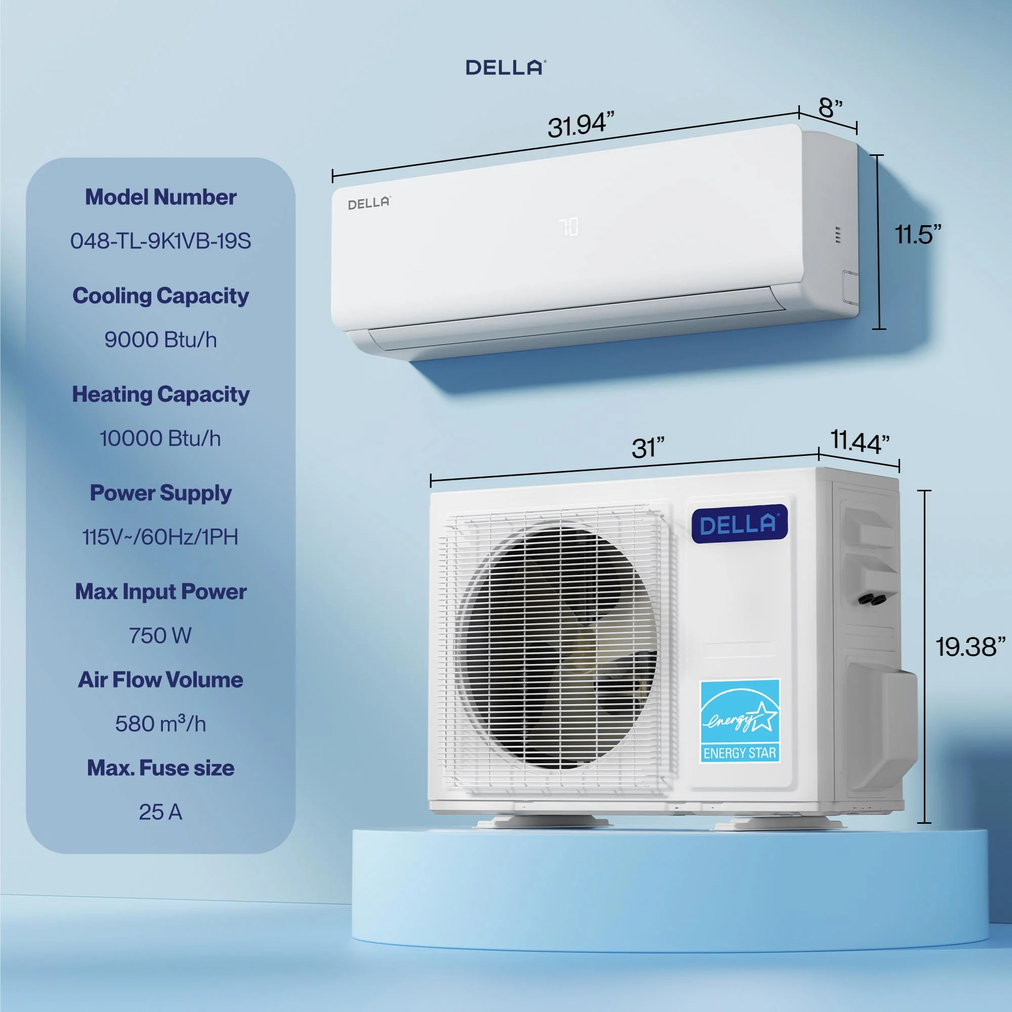 DELLA Vario Series 9000 BTU 19 SEER2 Mini Split Heat Pump AC (R-454B) - Up to 400 Sq.Ft. - Image 9