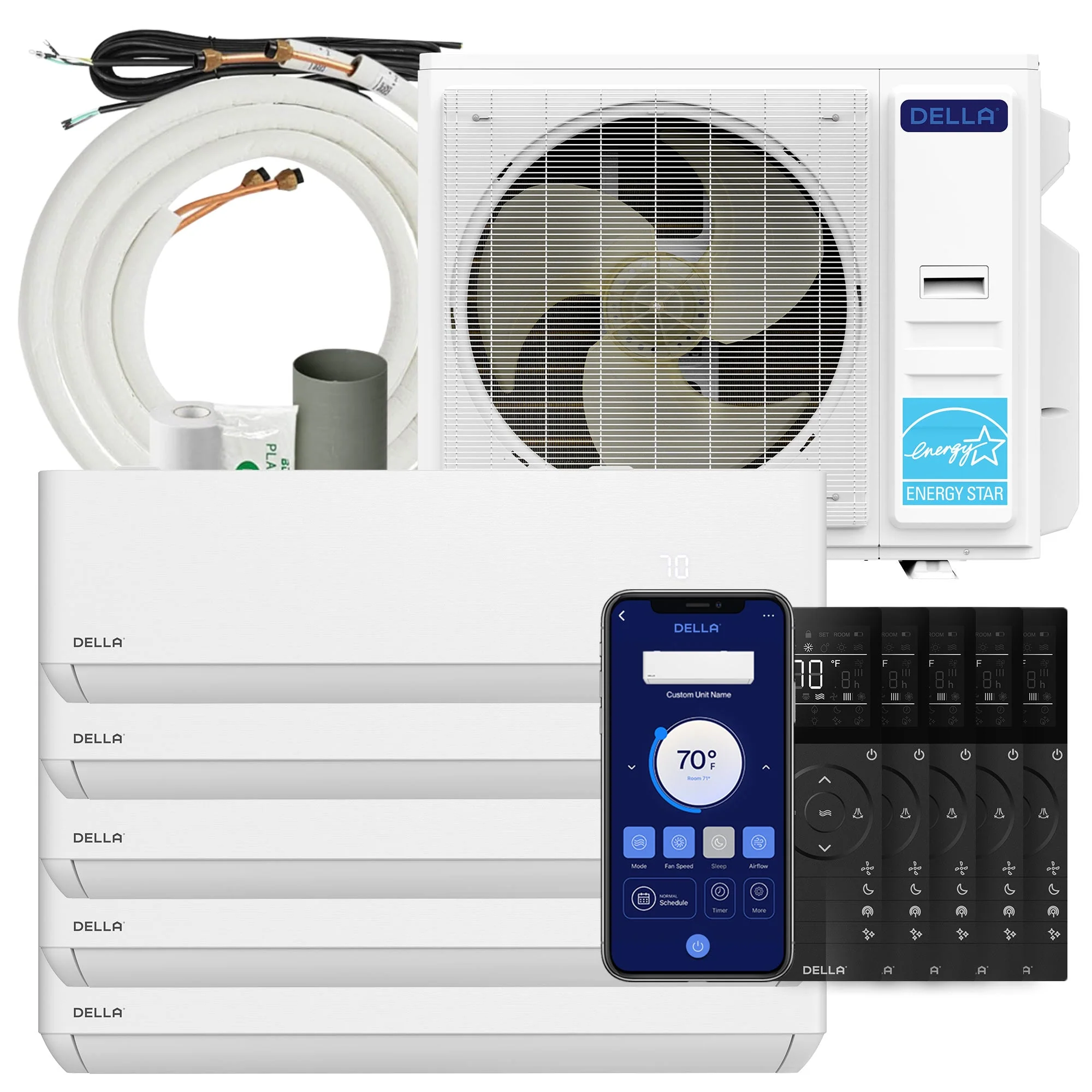 DELLA Optima Series 42000 BTU Five Zone Mini Split AC (9K+9K+9k+12K+12k) - Up to 2300 Sq.Ft.